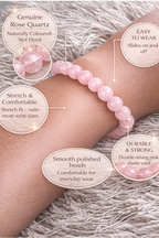 Close-up of rose quartz bracelet showing polished pink beads